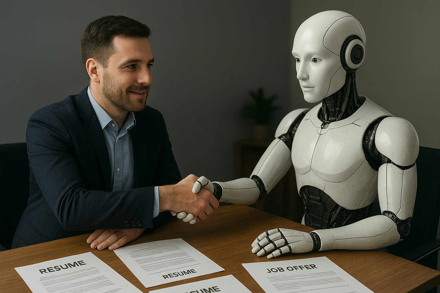 A human recruiter shaking hands with a humanoid AI robot